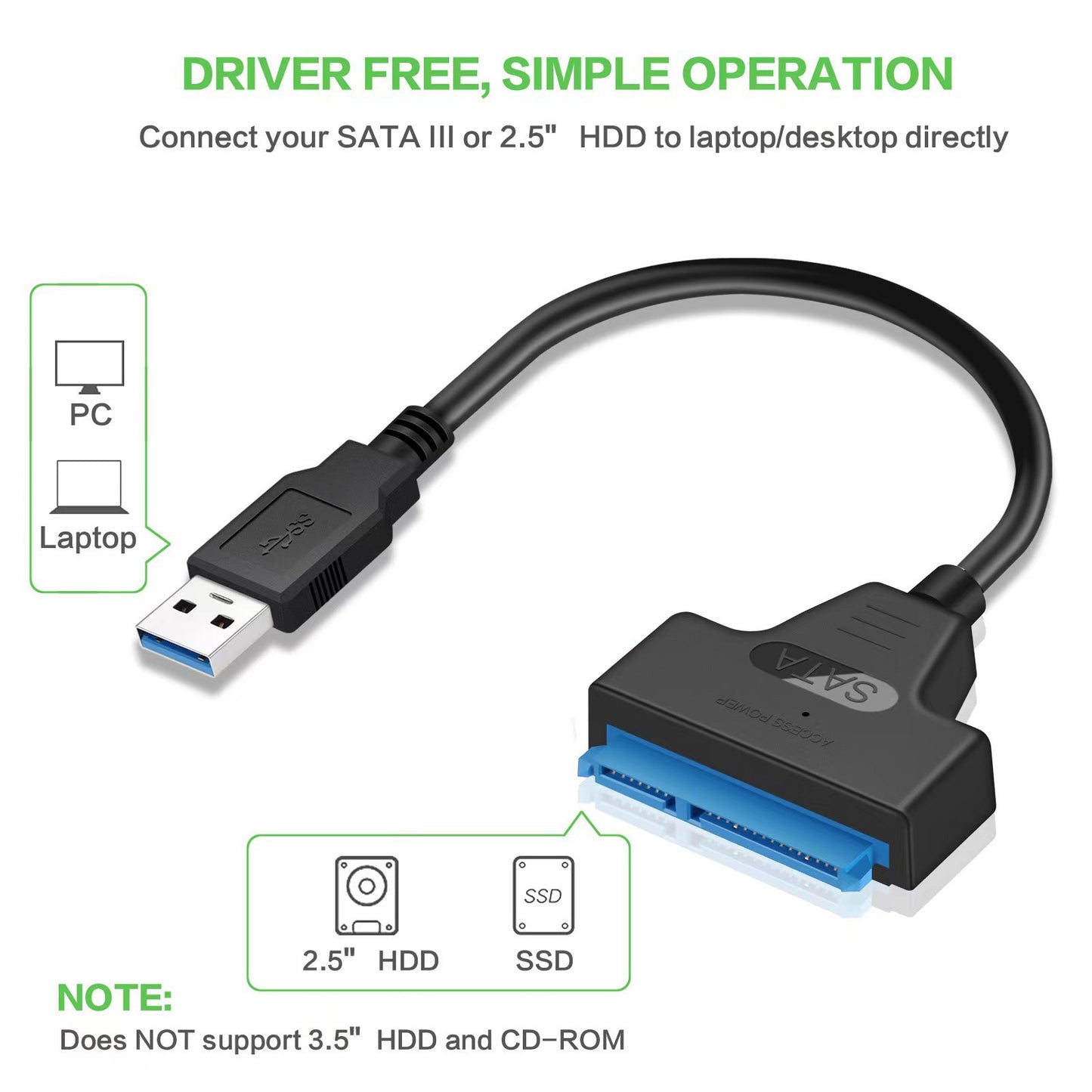 USB 3.0 to SATA 22-Pin Adapter Cable 10cm – for 2.5" SSD/HDD, UASP, 5Gbps