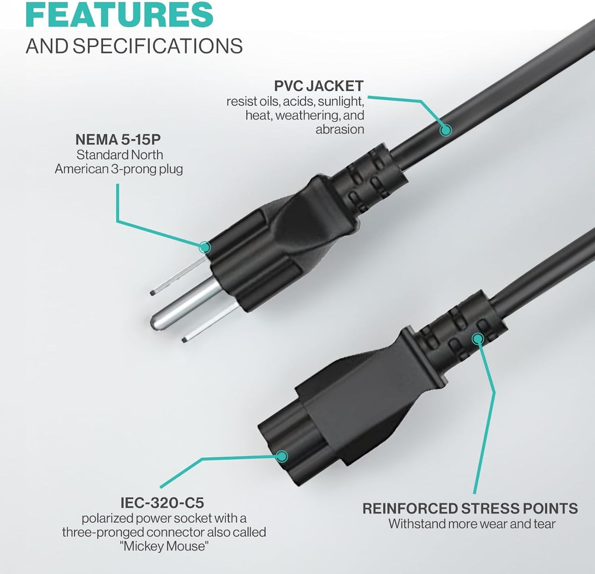Custom USA Power Cord — NEMA 5-15P to IEC C5 (3-Pin Cloverleaf), 1.2 m Standard, OEM Available