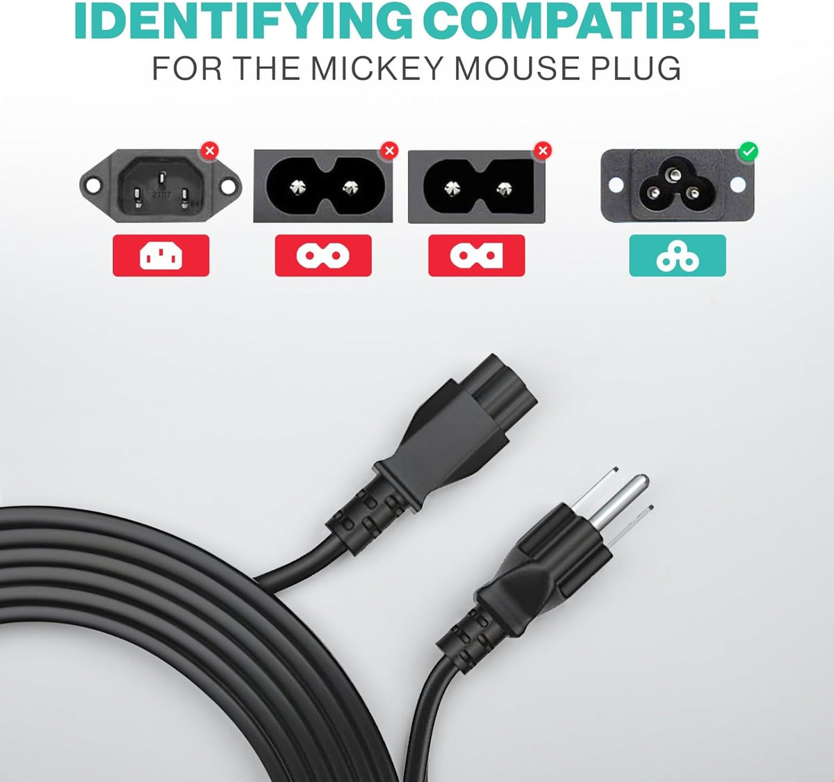 Custom USA Power Cord — NEMA 5-15P to IEC C5 (3-Pin Cloverleaf), 1.2 m Standard, OEM Available