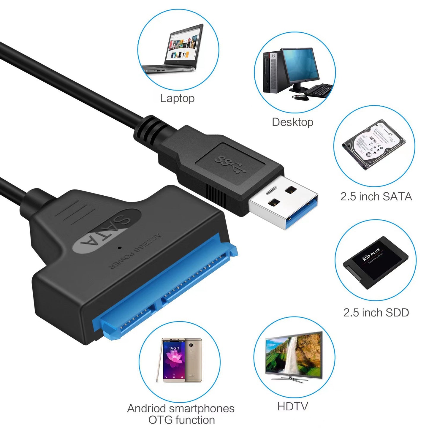 USB 3.0 to SATA 22-Pin Adapter Cable 10cm – for 2.5" SSD/HDD, UASP, 5Gbps
