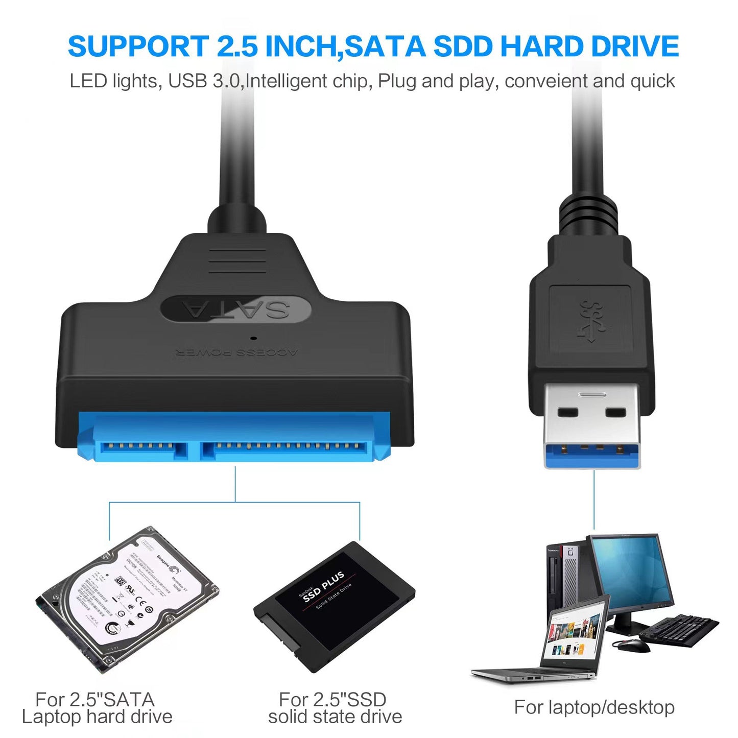 USB 3.0 to SATA 22-Pin Adapter Cable 10cm – for 2.5" SSD/HDD, UASP, 5Gbps